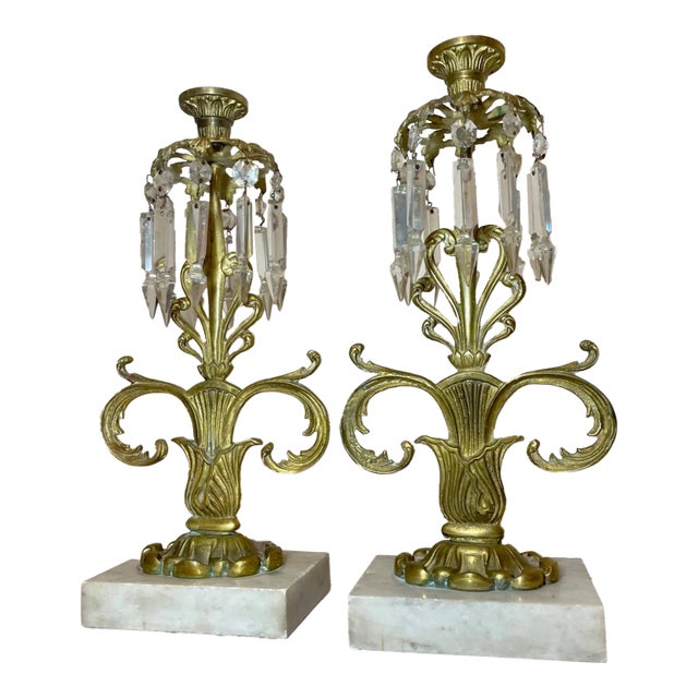 Pair of Antique Ornate Brass Marble Drop Crystal Girandole Candle Holders Lamp For Sale