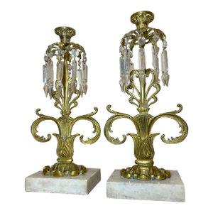 Pair of Antique Ornate Brass Marble Drop Crystal Girandole Candle Holders Lamp