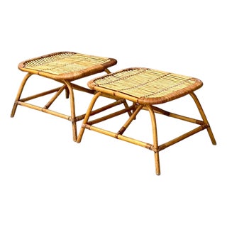 Vintage Rattan Low Stools - Pair For Sale