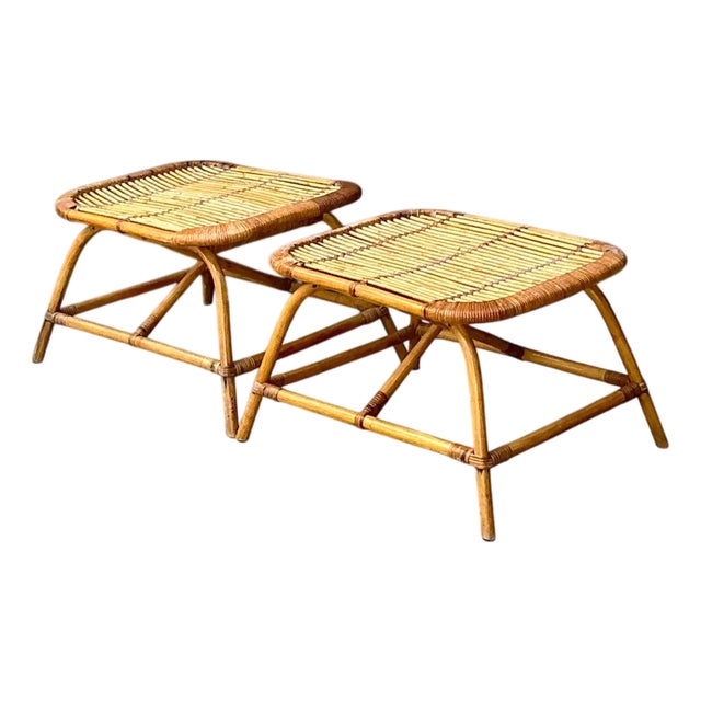 Vintage Rattan Low Stools - Pair For Sale