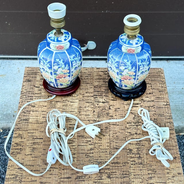 Blue Vintage Petite Chinese Porcelain Ginger Jar Table Lamps in Blue & White Floral Motif - a Pair For Sale - Image 8 of 12