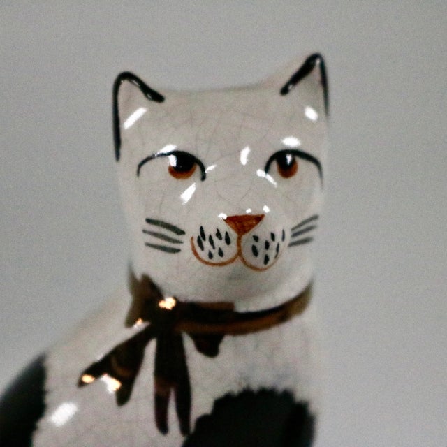 Pair of Vintage English Staffordshire Style Black & White Cat Figurines on Blue Pillows For Sale - Image 10 of 11