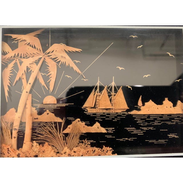Early 20th Century Ocean View Tropical Scene With Masted Ship Done in Cork Within a Celluloid Faux Ivory Frame For Sale - Image 5 of 9
