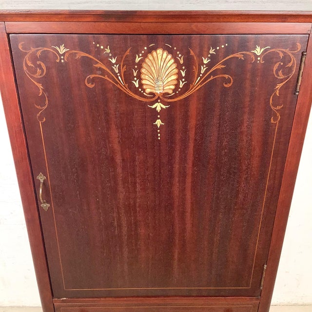 Edwardian Style Mahogany Music Cabinet — Marquetry Inlay, Cabriole Legs For Sale - Image 4 of 12