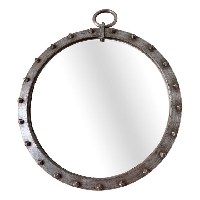 Round Brutalist Wrought Iron Mirror with Nails, 1960s For Sale