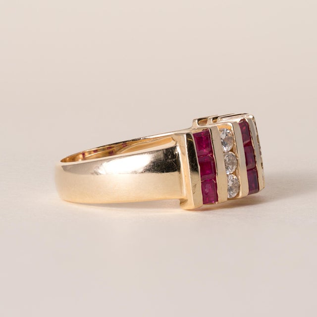 1980s Vintage 14k Gold Ruby and Diamond Channel Set Wide Band Ring, Size 7.25 For Sale - Image 5 of 6