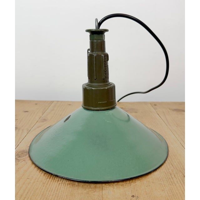 Industrial Petrol Enamel Military Pendant Lamp with Cast Aluminium Top, 1960s For Sale - Image 13 of 18