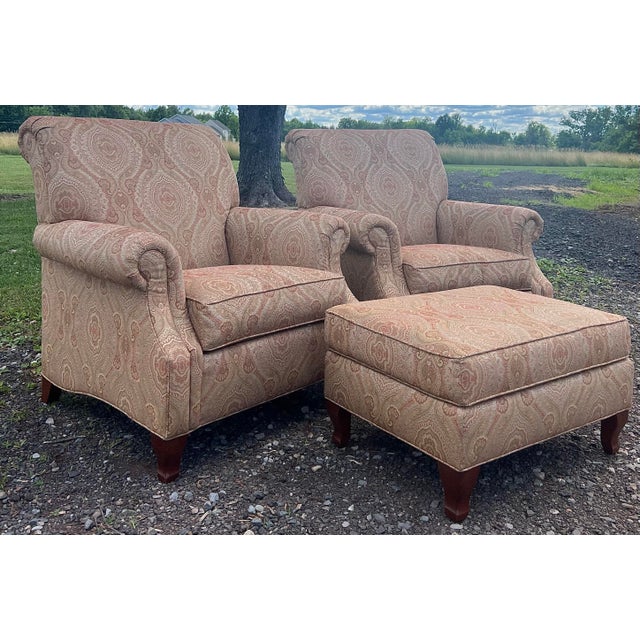 Ethan Allen Transitional Upholstered Chairs and Ottoman Set | Chairish