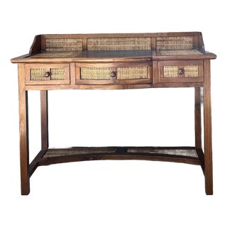Vintage Woven Rattan and Teak Desk For Sale