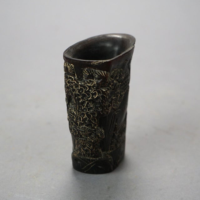 Asian Carved Libation Cup, Genre Scene with Men in Chess Game, Early 20th Century For Sale - Image 6 of 7