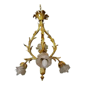 French XV Style Gilt Bronze Rose Glass Pendant Chandelier