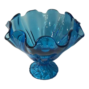 1960’s L E Smith Pedestal Peacock Blue Bowl With Ruffled Rim and Rippled Sides