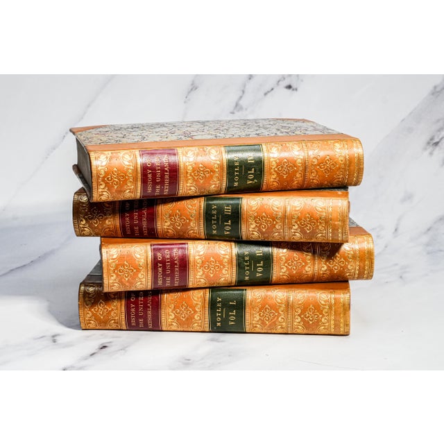 Wonderful Complete 4 Volume History of the Netherlands John Lothrop Motley Ornate Antique Leather Spine Books Home Office Decor For Sale In New York - Image 6 of 11