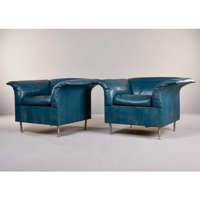Poltrona Frau Vintage Poltrona Frau Teal Leather Chairs - Pair For Sale - Image 4 of 12