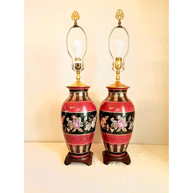 1980s 1980s Wescal Lamp Company Burgandy and Black Chinoiserie Table Lamps Set of Two W/ Imperial Pagoda Shades For Sale - Image 5 of 17