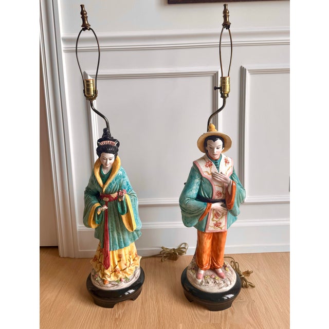 Chinoiserie 1970s Signed Domenico Poloniato Monumental Italian Chinoiserie Figural Lamps With Original Pagoda Shades - a Pair For Sale - Image 3 of 11