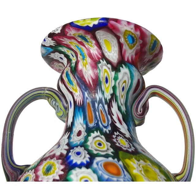 Mid 20th Century Vintage Murano Fratelli Toso Millefiori Flower Mosaic Rainbow Colors Italian Art Glass Double Handle Vase For Sale - Image 5 of 10
