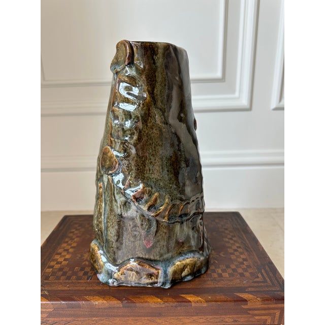 Vintage Large Handcrafted Brutalist Ceramic Vase in Olive Green & Brown For Sale - Image 12 of 18