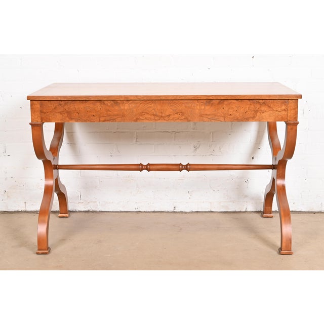 Baker Furniture Regency Burl Wood Writing Desk or Library Table, Newly Refinished For Sale - Image 10 of 12