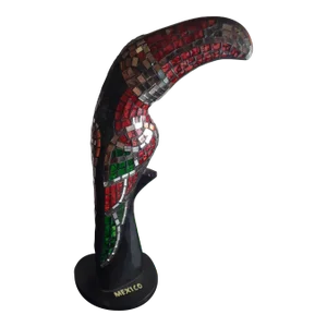 Gorgeous Carved Wood With Inlay Mosaic Glass Toucan Figurine Made in Mexico.