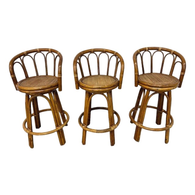 Vintage Rattan Swivel Bar Stools - Set of 3 For Sale