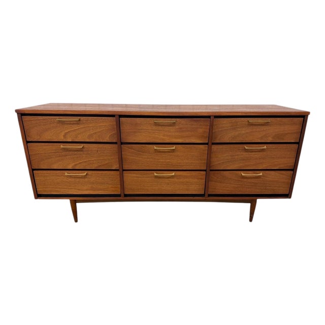 Mid-Century Modern Brasilia Style 9-Drawer Walnut Dresser - Refinished! For Sale