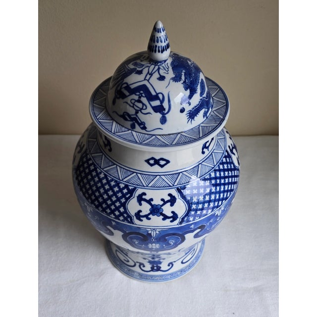 Ceramic Pair of Early 20th Century Antique Asian Blue & White Temple Jars Phoenix Dragon For Sale - Image 7 of 12