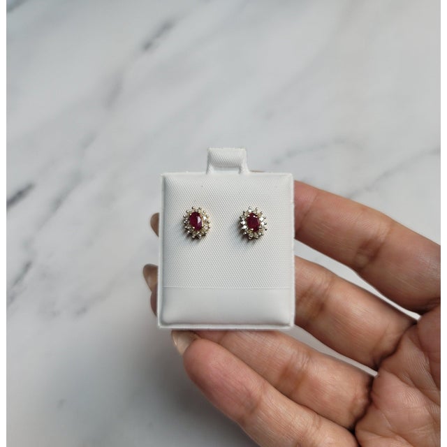 Oval Ruby & Diamond Halo Studs 14k Yellow Gold, 2 Pieces For Sale - Image 4 of 4