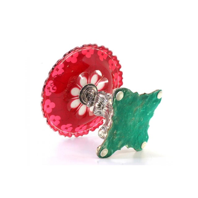 Metal Embossed Silver and Burgundy Cut Glass Fruit Bowl Centerpiece For Sale - Image 7 of 10