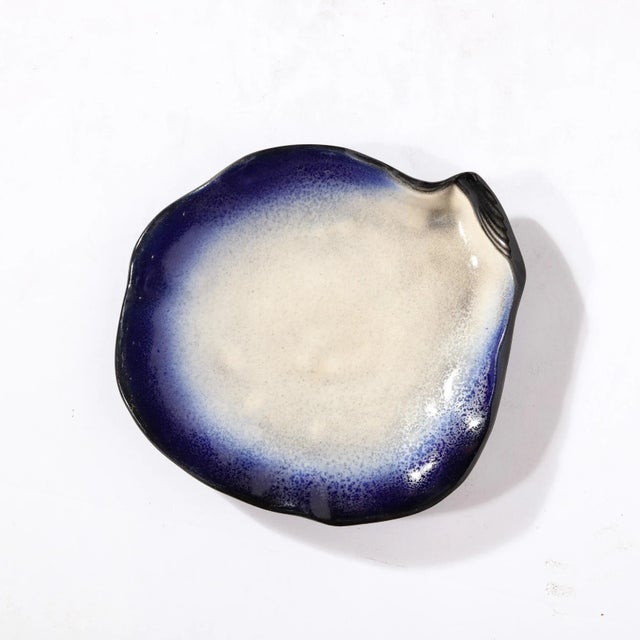 Mid-Century Modern Mid-Century Abstract Blue & White Oyster Form Ceramic Plate Signed Pol Chambost For Sale - Image 3 of 12