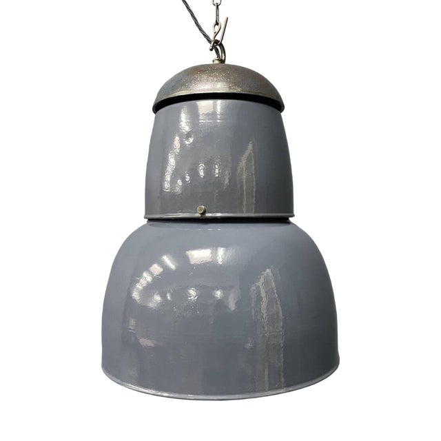 Large Industrial Blue-Gray Enamel Hanging Lamp, 1940s For Sale
