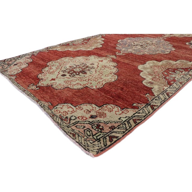 52251 Vintage Turkish Oushak Rug, 03'07 x 11'08. The Crimson Passage: A Vintage Turkish Oushak Masterpiece of Noble Rhythm...