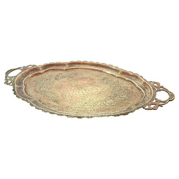 Antique Engraved Enameled 23" Oval Brass Tray For Sale - Image 4 of 8