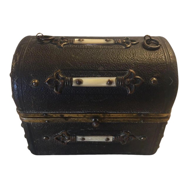 Continental Shagreen, Mother of Pearl Miniture Trunk With Gilt Filigree Crystal Bottles - 3 Pieces For Sale