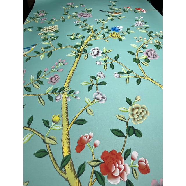 Asian Mint Green Chinoiserie Mural | 5-Panel Hand-Painted Floral & Bird Wallpaper For Sale - Image 3 of 3