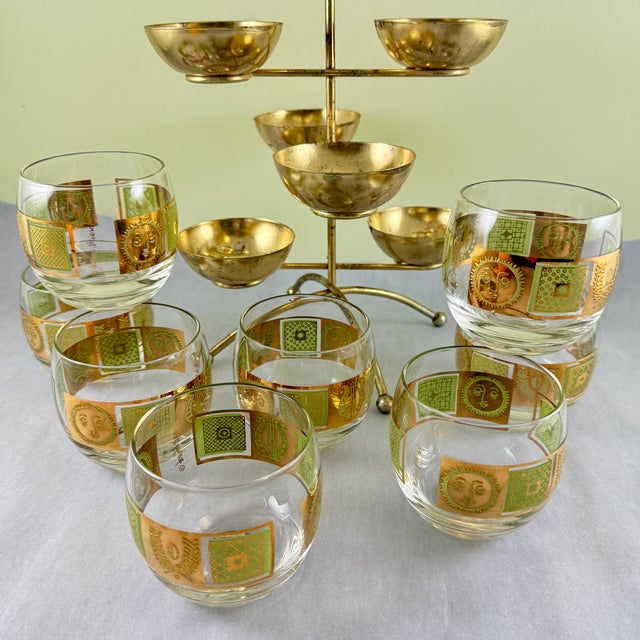 Georges Briard Golden Celeste Roly Poly Glasses in Stand, Briard, S/9 For Sale - Image 4 of 11