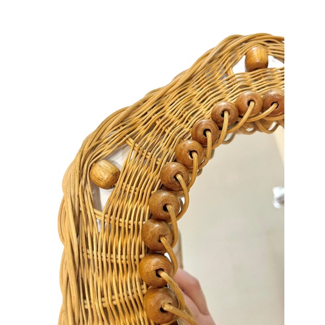 French Mid-Century Sunburst Rattan & Wood Bead Round Wall Mirror For Sale - Image 9 of 13