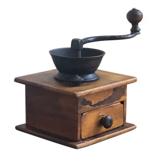 Antique Wood & Cast Iron Coffee Grinder For Sale