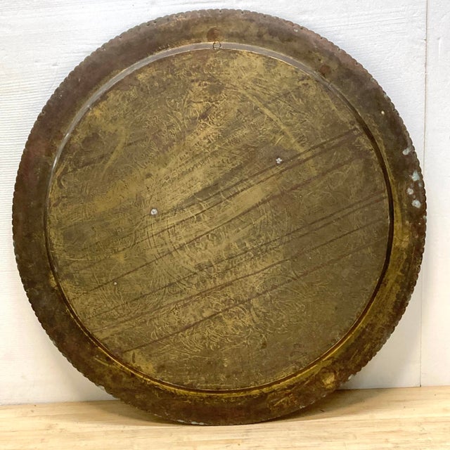 Large 34-inch vintage Chinese etched solid brass tray or table top. Finely detailed scalloped rim and intricate hand-...