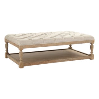 Patrice Rectangular Tufted Ottoman - Natural Linen / Weathered Gray Frame For Sale