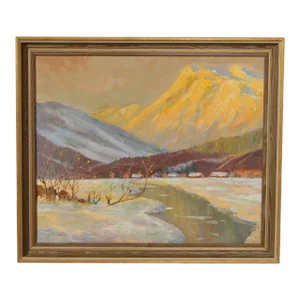 American 20th Century Winter Mountain Town Landscape Original Oil Painting by Ed Hall