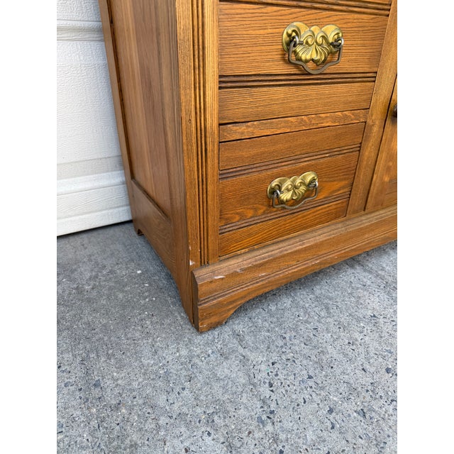Brown Antique Oak Washstand With Carved Backsplash, Cabinet and Brass Hardware For Sale - Image 8 of 12