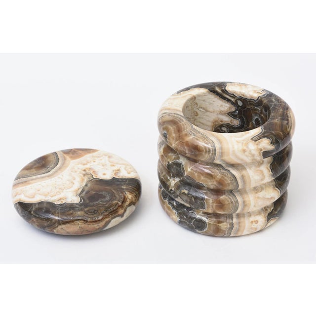 Brown Italian Vintage Alabaster Lidded Round Box Brown, Cream, Tan, Black, Dark Gray 60's For Sale - Image 8 of 10