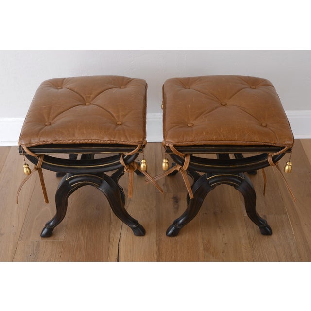 Neoclassical Neoclassical X-Frame Stools With Leather Cushions - A Pair For Sale - Image 3 of 17