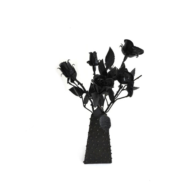 Mid-Century Modern Late 20th Century Avant-Garde Hand-Forged Wrought Iron Rose Sculpture & Textured Metal Vessel For Sale - Image 3 of 10