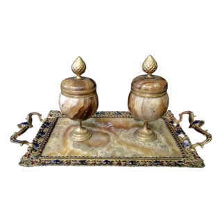 Late 19th century Vintage Marble, Bronze & Enamel Double Inkwell - Set of 3 For Sale