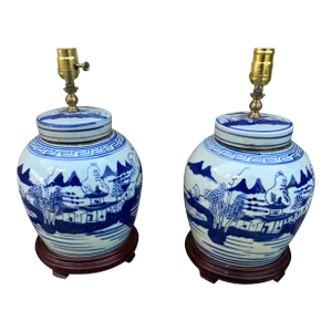 Pair of Chinese Blue and White Jar Lamps