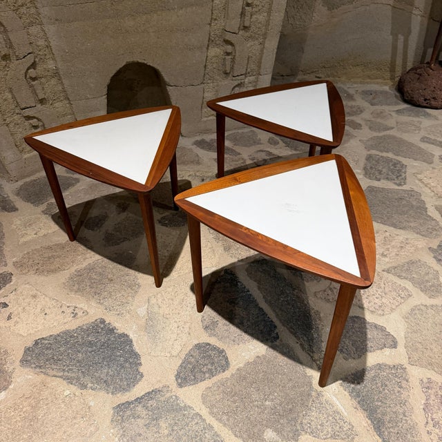Wood Arthur Umanoff Nesting Side Table Set Triangular Mid-Century Modern For Sale - Image 7 of 9