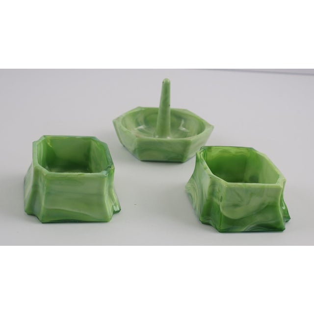 Art Deco Green Slag Glass Vanity Set – 7 Piece Dresser Set With Tray, Candlesticks & Ring Holder For Sale - Image 10 of 16