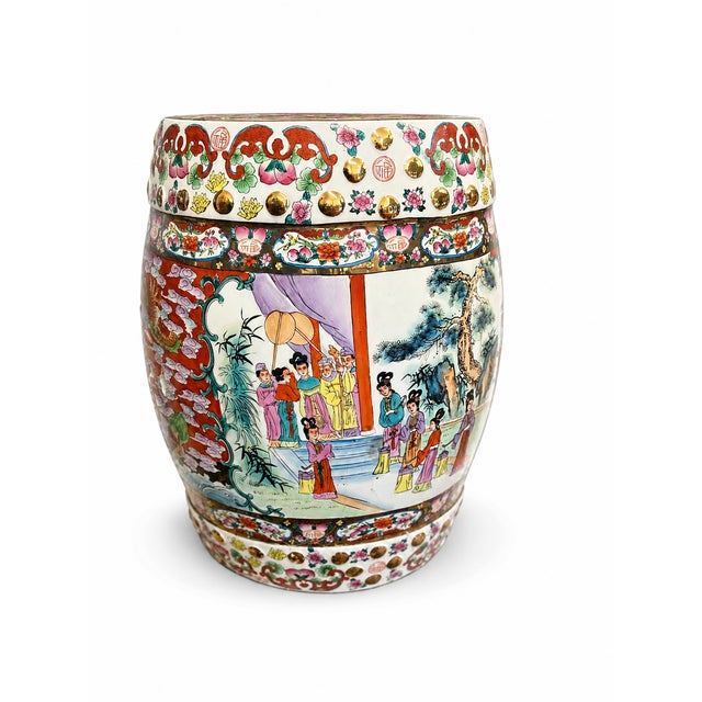 Vintage Chinese Famille Rose Porcelain Drum Garden Stool With Dragon, Court Scene & Floral Motifs For Sale - Image 4 of 7
